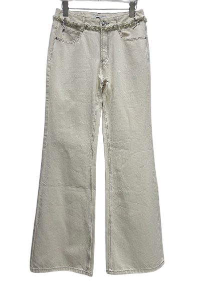 Flare Fit White Jeans with Pearl String